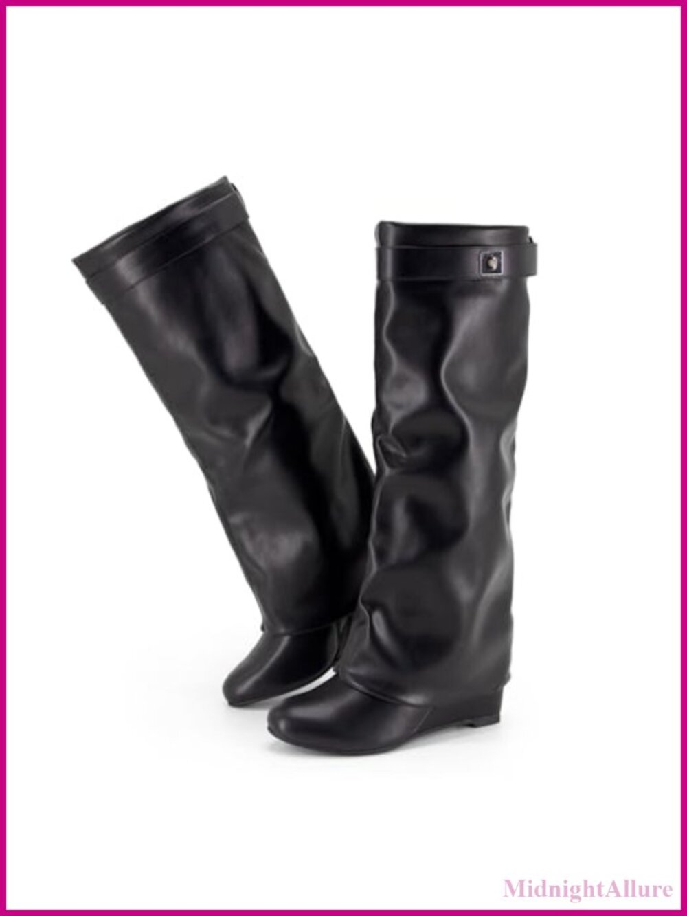 Fold Over Knee High Boots Faux Leather Wedge Heel Wide Calf
